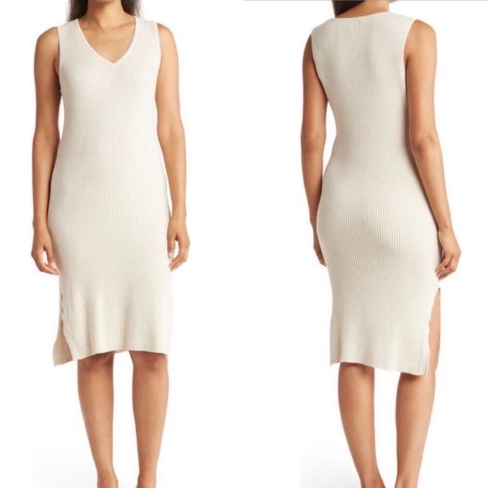 M Magaschoni Sweater Tank Dress Small Womens Cream Beige Slit Midi Ribbed Knit